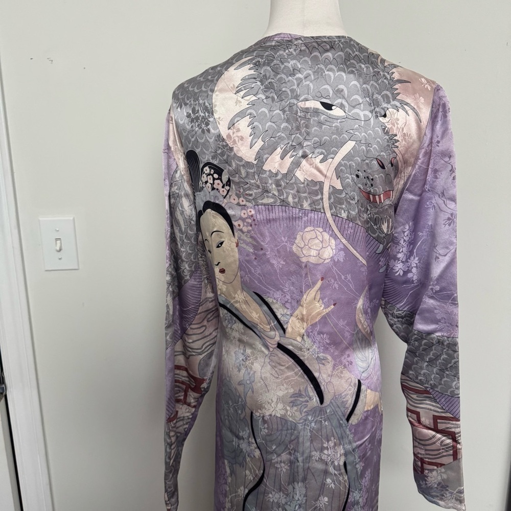 Vintage 100% Silk Kimono Robe Duster w Print japanese dragon geisha XL lavender - Picture 7 of 15